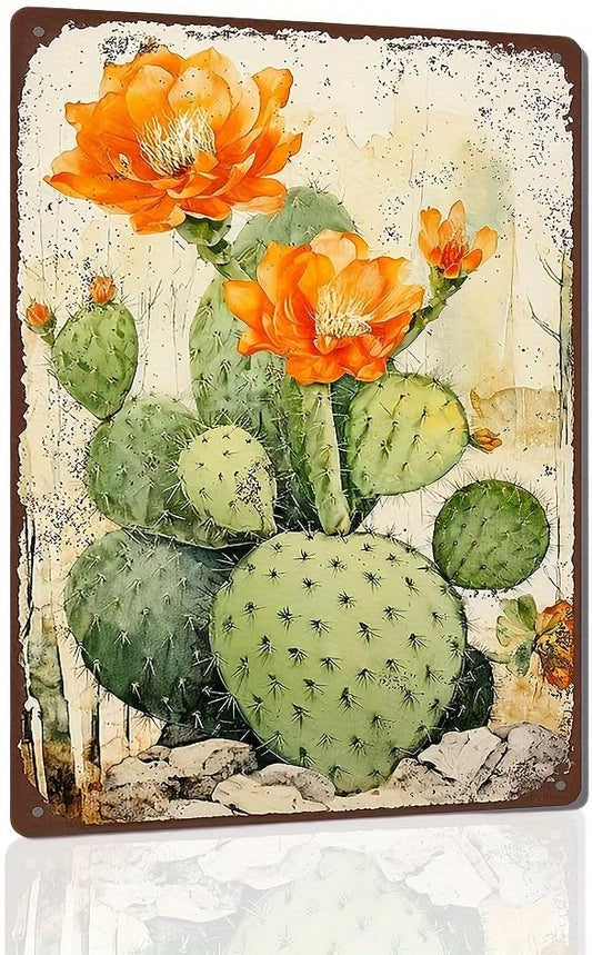 Cactus Flower Iron Tin Sign Art Deco Style - Decorative Wall Hanging Metal Plaque, Multipurpose, Vintage Water-Proof & Dust-Proof,Artistic Floral Theme, No Electricity Needed (1pc, 12x8")