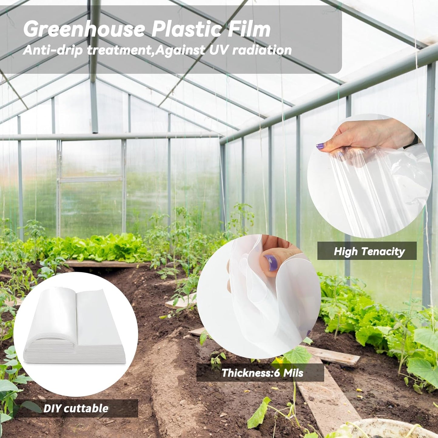 8x25 Ft Clear Greenhouse Film Plastic Sheeting, Greenhouse Polyethylene Plastic Film 6 mil Thickness Replacement Cover, UV Resistant, Plant Covers Freeze Protection for Windproof Frost& Dust Proof