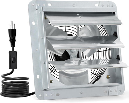 Criditpid 10 Inch Shutter Exhaust Fan 820 CFM, Wall Mounted Exhaust Fan with ON/OFF Power Cord for Greenhouse, Chicken Coop, Attic, Shed, Garage, Warehouses Ventilation, Low Noise louvered Vent Fan.