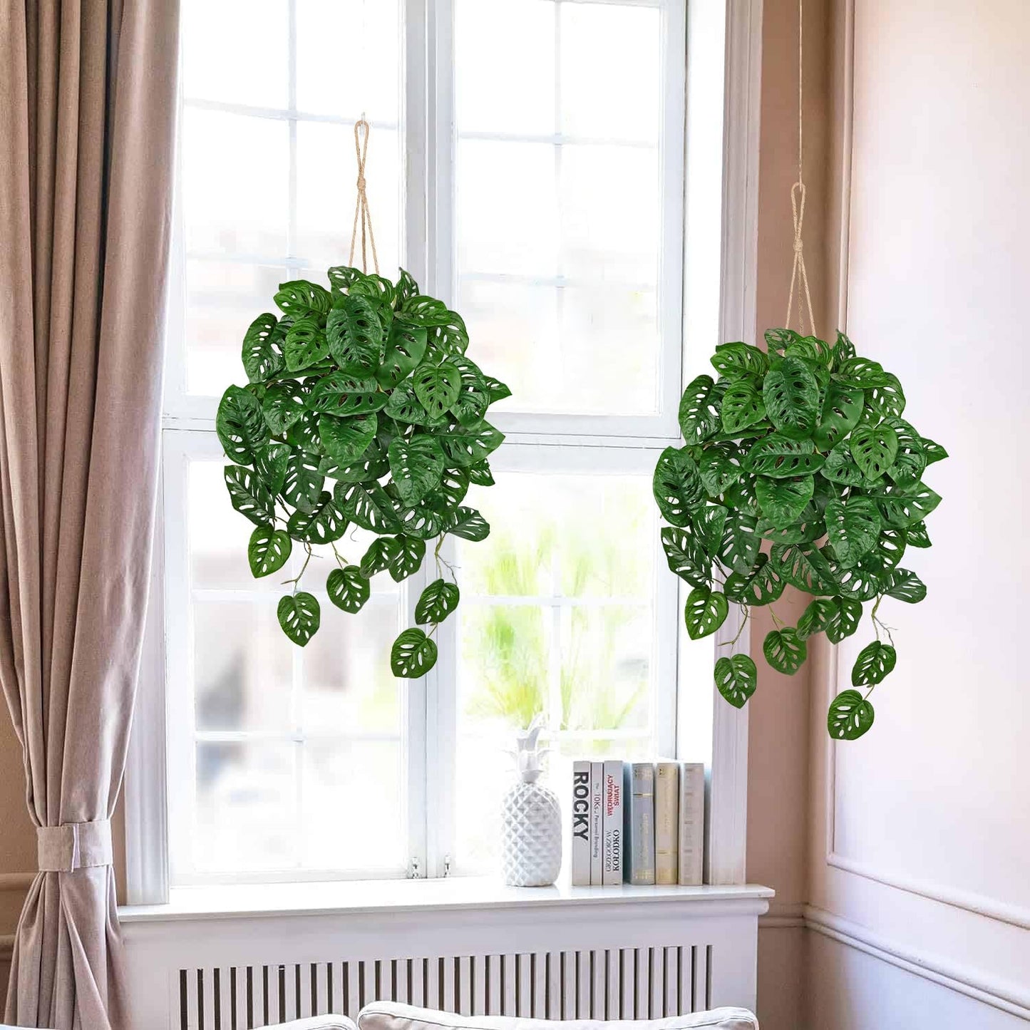 Large Fake Hanging Plants in Pot for Indoor & Outdoor, Long Artificial Monstera Albo Long Plants, 27.6" Fake Potted Vines Ivy Greenery Plant for Room Wall Shelf Decor Living Room Bathroom Patio Porch
