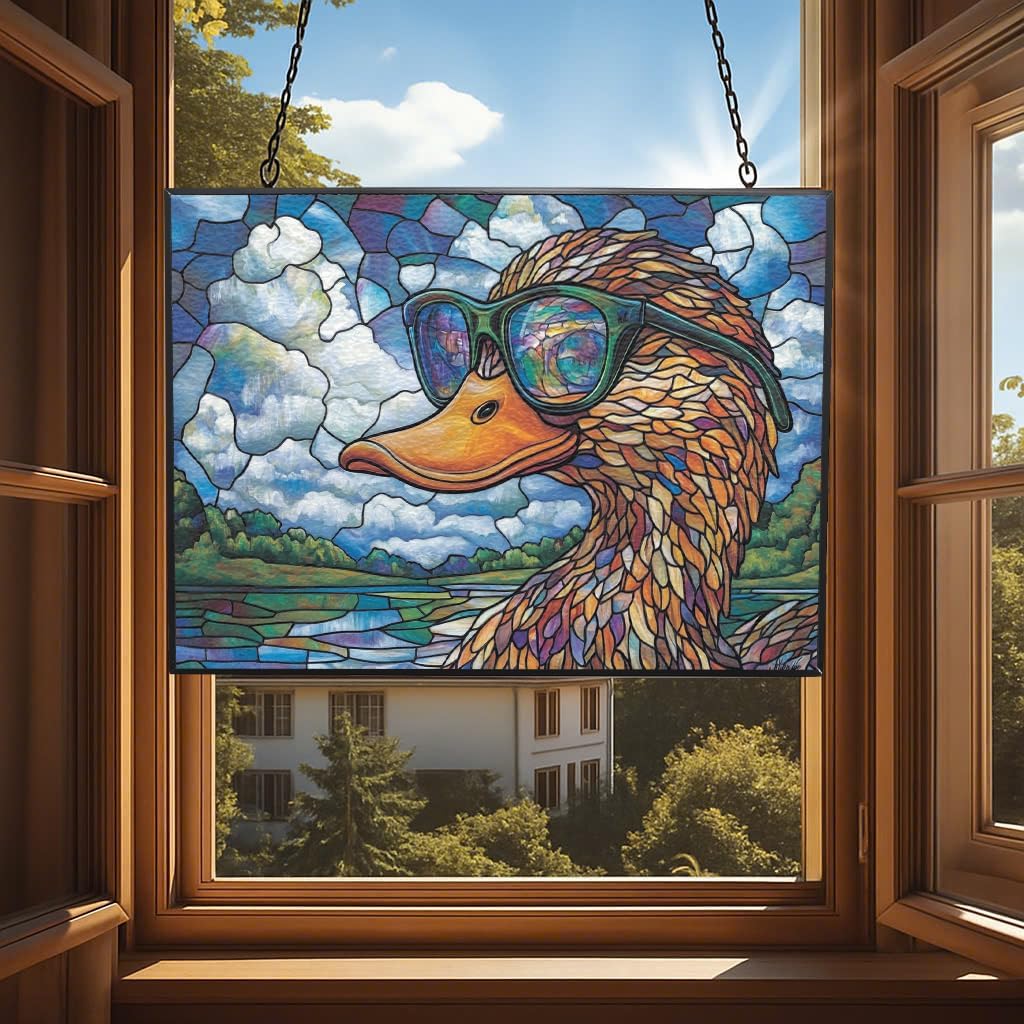 Personalized Rectangle Boho Duck Studying Clouds Stained Glass Window Hanging, Suncatcher for Women, Stained Glass Window Decor Perfect Home Décor