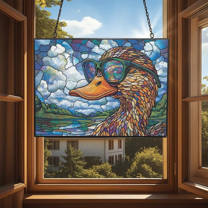 Personalized Rectangle Boho Duck Studying Clouds Stained Glass Window Hanging, Suncatcher for Women, Stained Glass Window Decor Perfect Home Décor