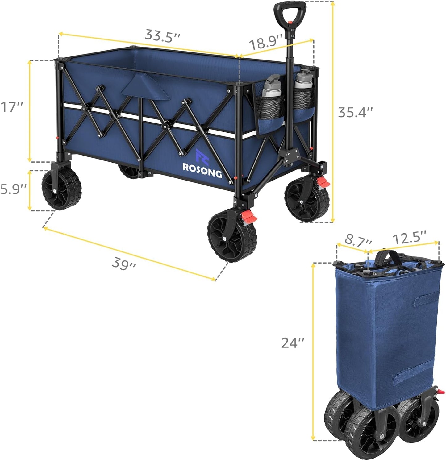 Collapsible Wagon Cart with Wheels Foldable - Folding Utility Heavy Duty Wagons Carts for Grocery Sports Garden Shopping Camping Wheelbarrows (Navy Blue, 150L)