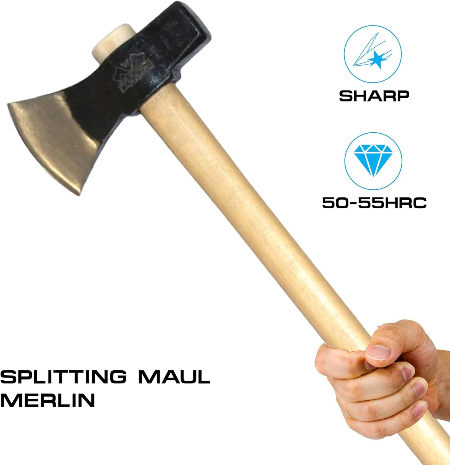Prandi Axes Merlin C45 Forged Carbon Steel Splitting Maul - Hickory Handle with Leather String - Ideal for Firewood, Splitting, and Chopping - 35.43" L x 8.78" W, 3000g Head 3.014.30.TH - No Sheath