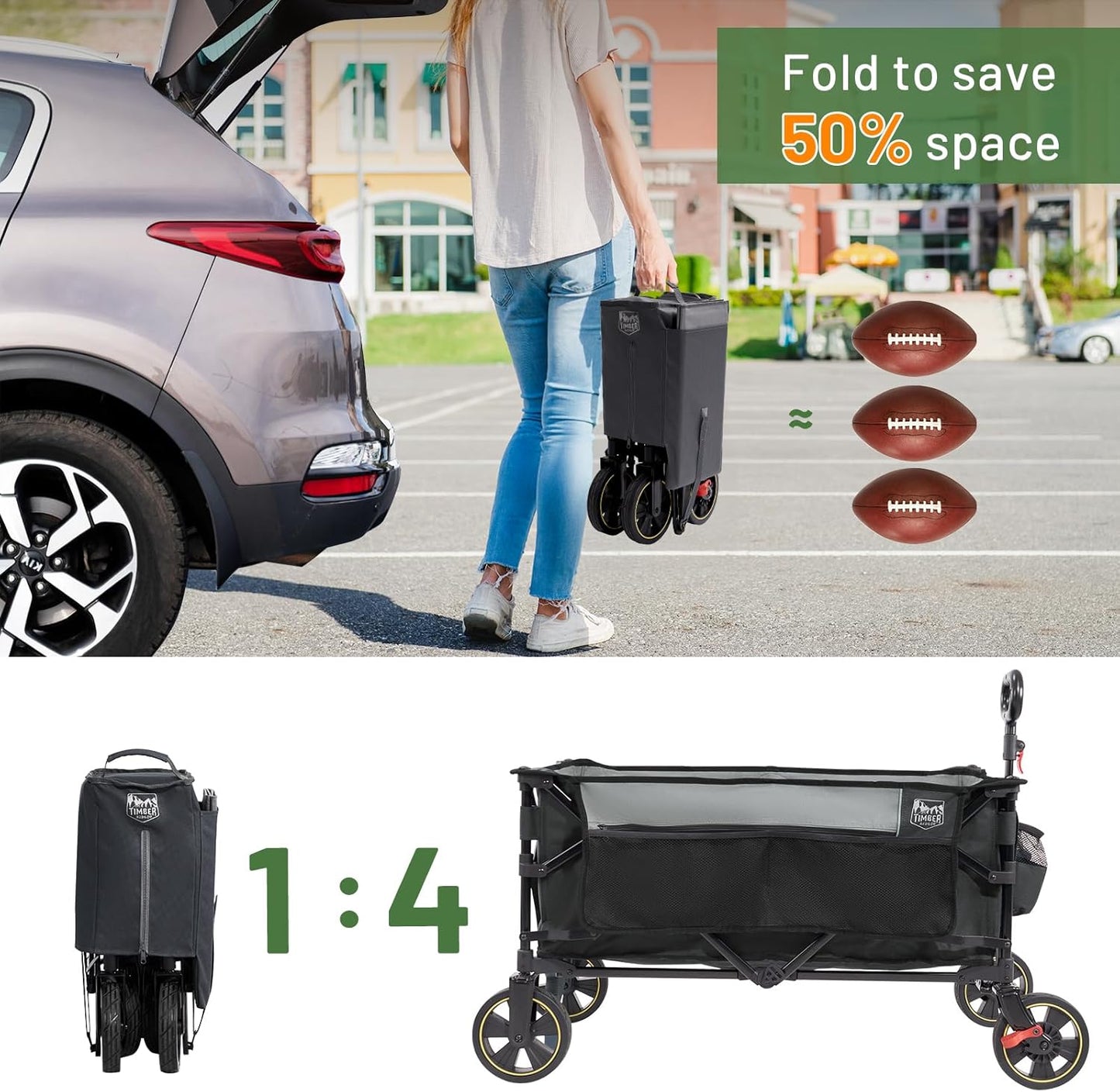 TIMBER RIDGE Collapsible Wagon Cart with Brakes, 400lbs Heavy Duty Large Capacity Compact Portable Folding Wagon, Utility Grocery Cart for Camping, Gardening, Shopping-Grey