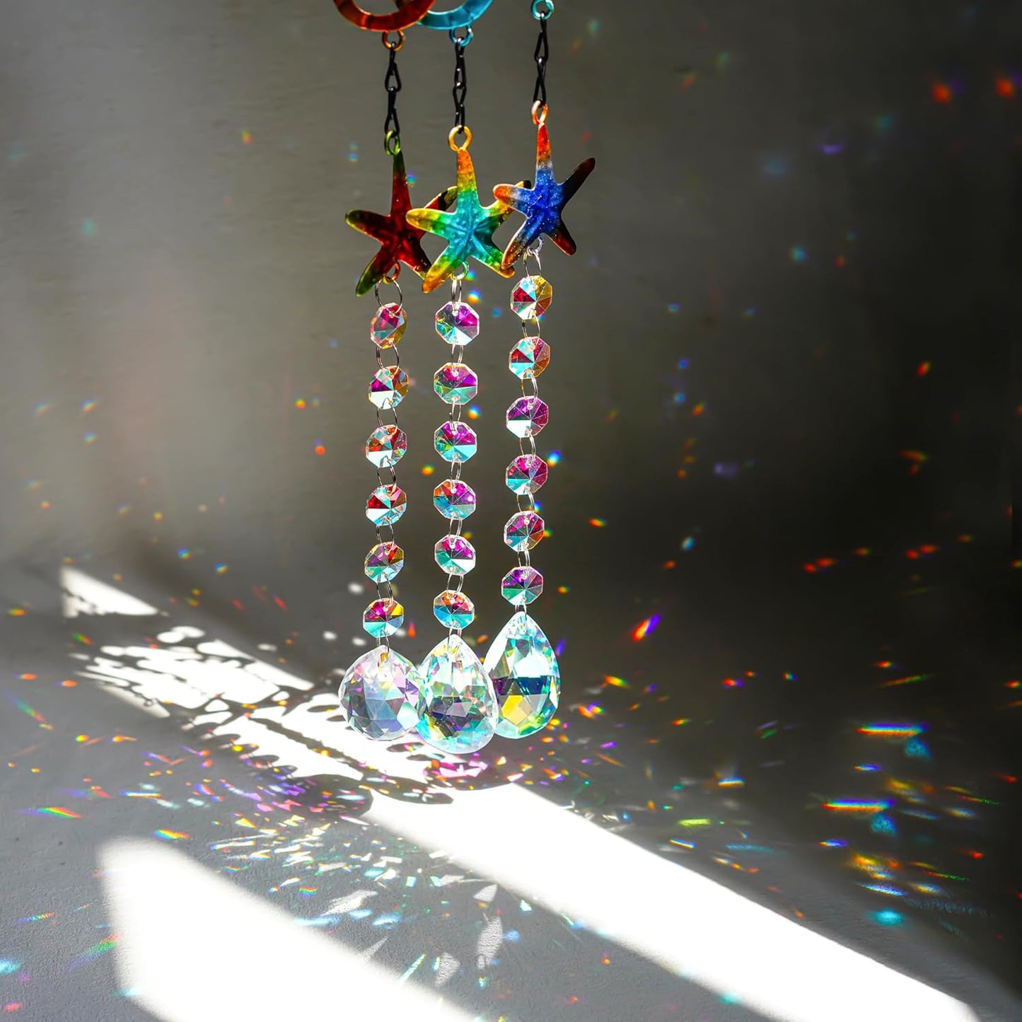 3PCS Metal Seahorse & Starfish Hanging Sun Catchers with Crystals, Colorful Crystal Prisms Stained Glass Suncatcher, Rainbow Maker Pendant Indoor Outdoor Patio Fence Decor