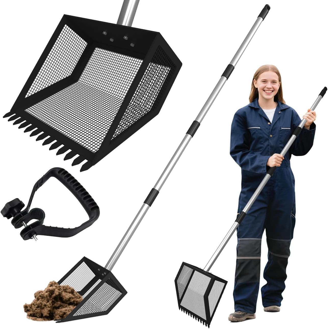 Chicken Poop Scooper for Coops Small Farm Animals with Fine Sieve Coop Rake 2-in-1 Scoop 24" to 67" Adjustable Stainless Steel Handle Durable Sand Sifting Litter Shovel for Animal Sheds Garbage
