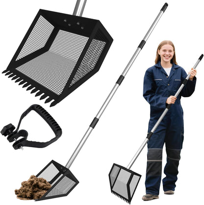 Chicken Poop Scooper for Coops Small Farm Animals with Fine Sieve Coop Rake 2-in-1 Scoop 24" to 67" Adjustable Stainless Steel Handle Durable Sand Sifting Litter Shovel for Animal Sheds Garbage