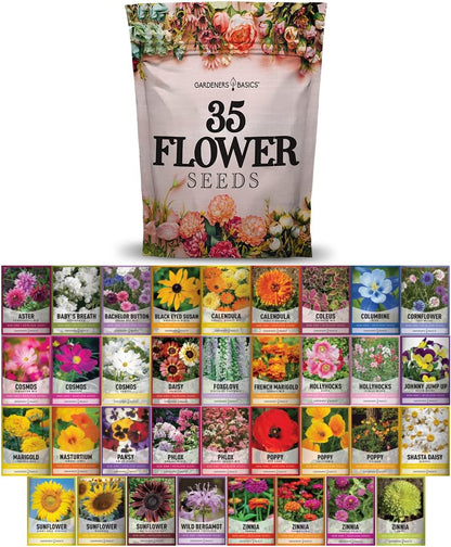 Gardeners Basics, Flower Seeds Packets for Planting 35 Individual Varieties Perennial, Annual, Wildflower Seeds for Planting Outdoors for Bees and Butterflies - Semillas de Flores Hermosas