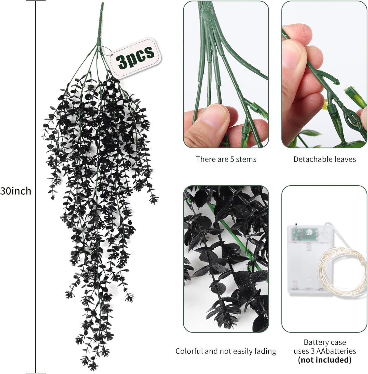 Black Hanging Flowers with Lights Faux Hanging Plants Black Artificial Hanging Plant Fake Greenery Faux Hanging Vines Plant for Indoor Outdoor Wedding Halloween Party Fall Wall Room Door Decor(Black)