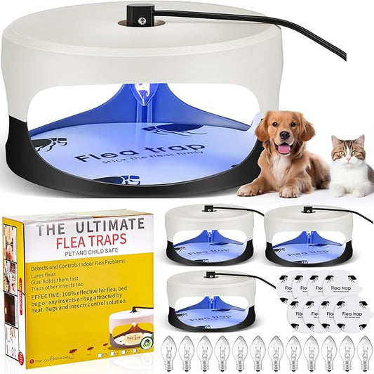 Qualirey 4 Packs Flea Traps for Inside Your Home with 8 Sticky Disc 12 Bulbs 4 Electric Wires, Pest Insects Killer Bed Bug with Light for Indoor Safe to Pets(Round Flea Trap,Black, White)