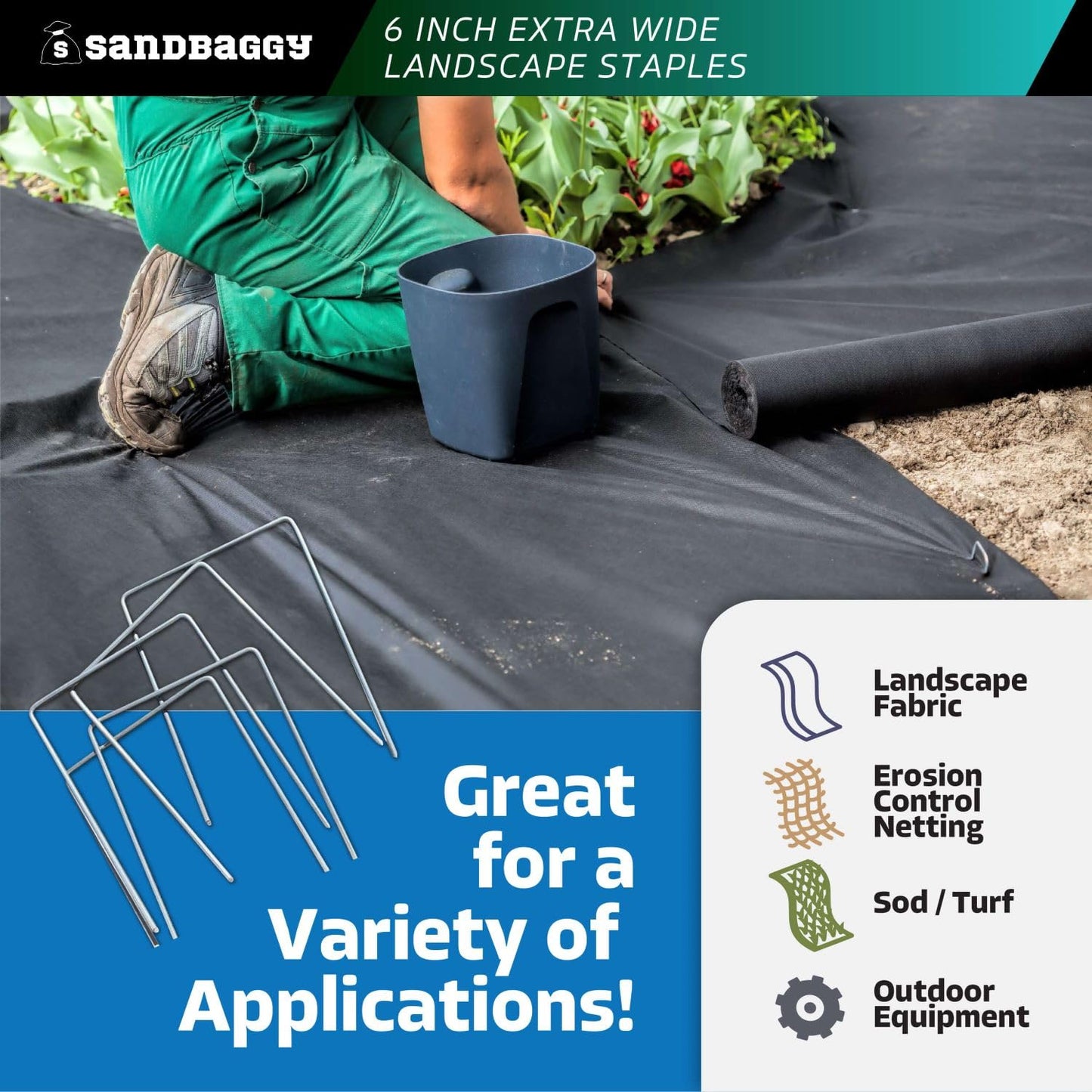 Sandbaggy 6" Wide Landscape Staples - Extra Heavy Duty: 7 Gauge Galvanized Steel - Hold Down Pipes, Landscape Fabric, Ground Cover, Erosion Control Netting, Sod, & Turf (100, 6" W x 8" L)