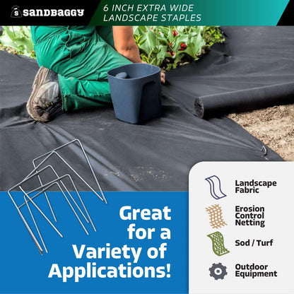 Sandbaggy 6" Wide Landscape Staples - Extra Heavy Duty: 7 Gauge Galvanized Steel - Hold Down Pipes, Landscape Fabric, Ground Cover, Erosion Control Netting, Sod, & Turf (600, 6" W x 8" L)