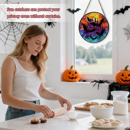 Halloween Stained Glass Window Hanging, Bat Suncatcher for Window Hanging, Moon Sun Catchers Indoor Windows Wall Art, Gifts for Bat Lovers, Christmas Decor, for Home Garden Office 7.87 inches