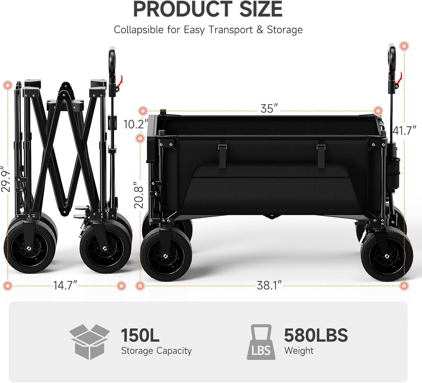 Collapsible Folding Wagon with Extended Tailgate, 150L & 580LBS Wagons Carts Foldable with All-Terrain Wheels, Side Pocket and Brakes, Beach Wagon Cart Heavy Duty for Camping, Shopping, Sports, Garden
