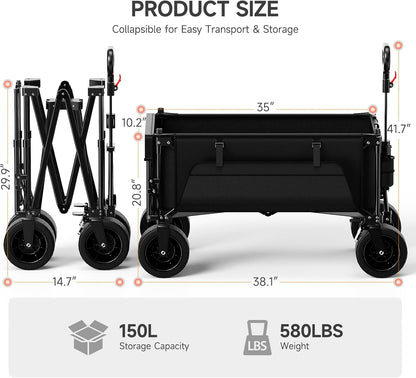 Collapsible Folding Wagon with Extended Tailgate, 150L & 580LBS Wagons Carts Foldable with All-Terrain Wheels, Side Pocket and Brakes, Beach Wagon Cart Heavy Duty for Camping, Shopping, Sports, Garden