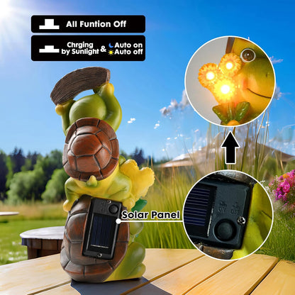 Garden Turtle Outdoor Statues, Solar Garden Statue Two Sweet Frog Face Turtles Decor with 3 LED Lights, for Patio Lawn Porch Yard,Gifts for Birthday, Easter, Housewarming