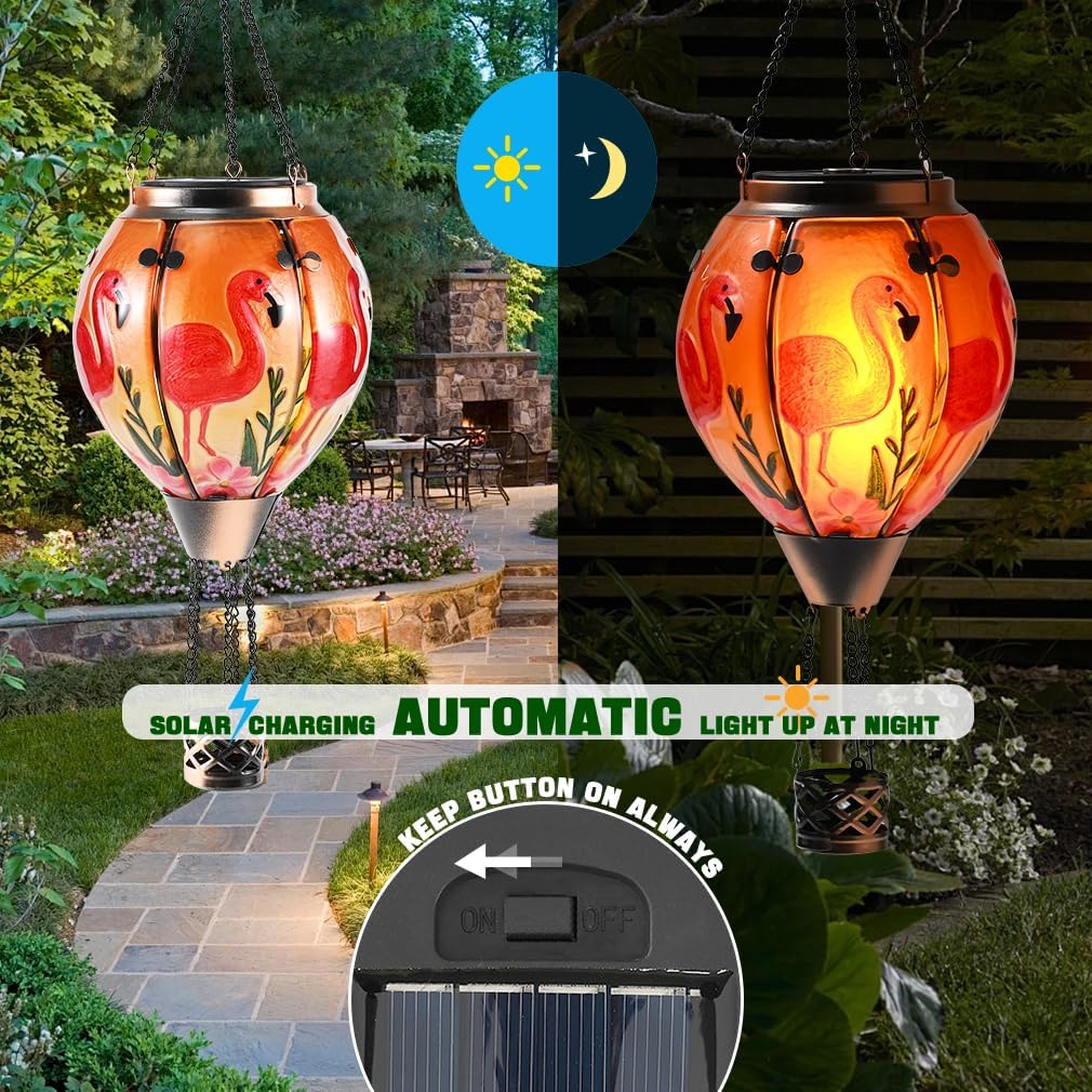 Hot Air Balloon Solar Lantern - Flamingo Stained Glass Lantern, Simulated Flickering & Dancing Flame, Outdoor Hanging Yard Light Waterproof IP65 for Patio Lawn Porch Decor Gift