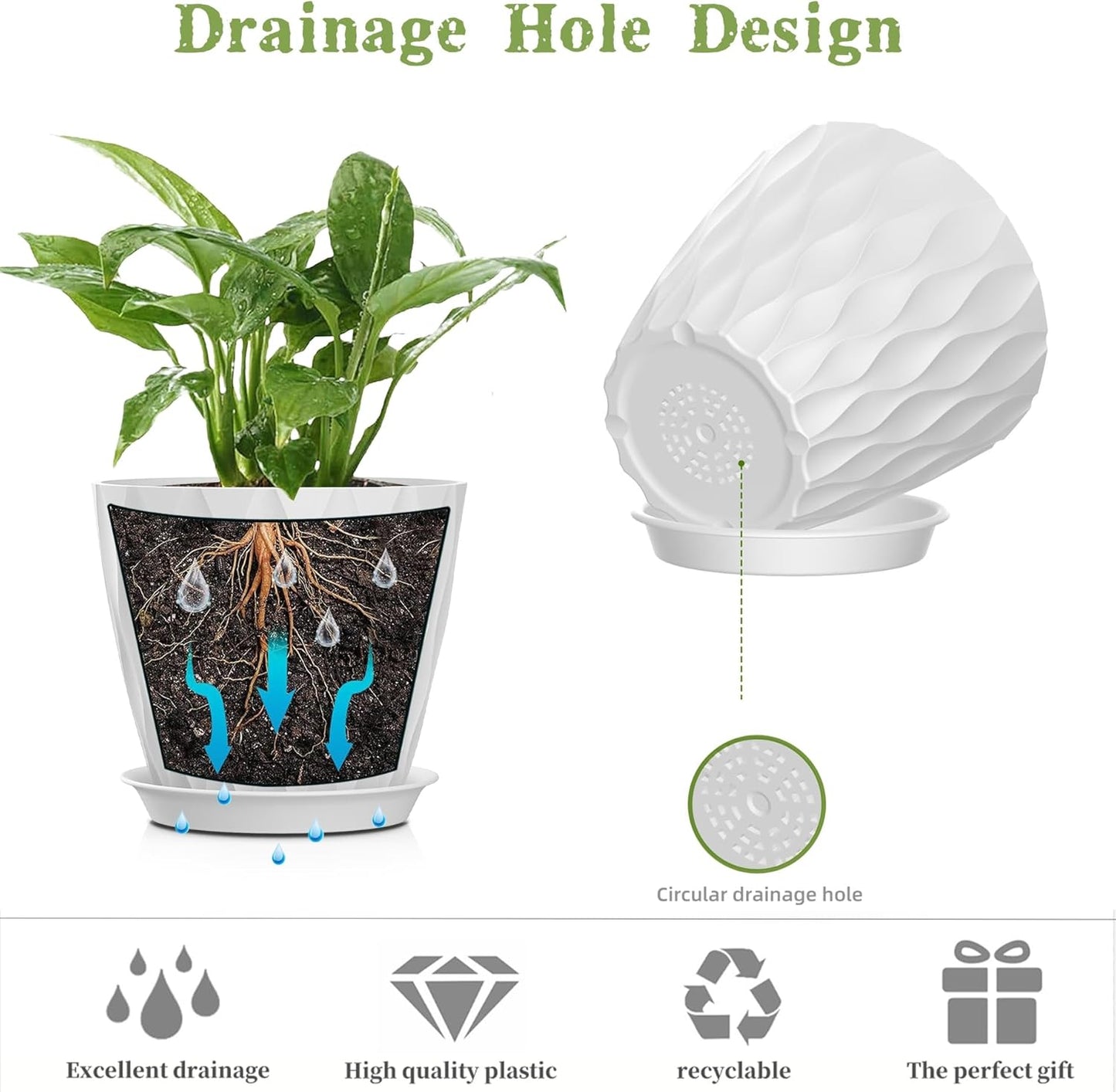 5 Inch Planter Pots, 6 Pack Indoor Planters, Small Flower Pots with Drainage Holes and Tray for Succulents, Orchids, Herbs and Other Indoor Plants (White, 5inch)