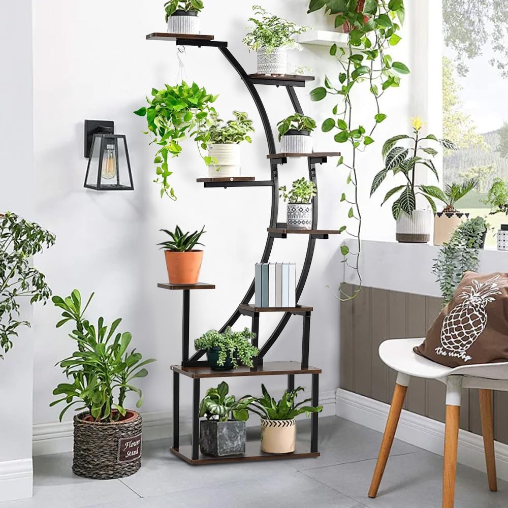 VINCIGANT Black Metal Plant Stand with Grow Light, 9 Tiered Shelf, 60" Corner Plant Holder for Living Room, Home, Patio, Balcony
