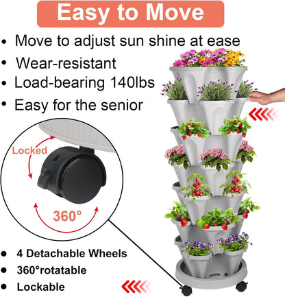 Vertical Planter 7 Tier Stackable Planters Garden Planters Strawberry Herb Flower and Vegetable Planter Indoor Outdoor Gardening Pots with Removable Wheels and Tools 2-Pack