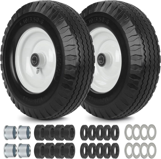 4.10/3.50-6 Flat Free Tire and Wheel, with 3"-3.5''-4.0''-4.5'' Centered Hub, and 3/4" & 5/8"