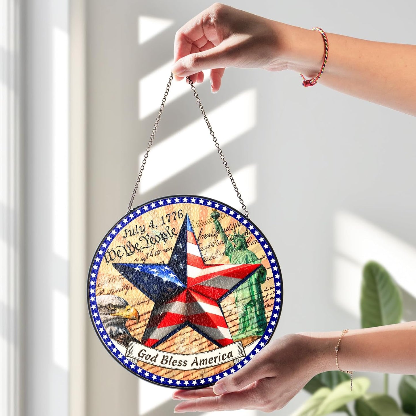 7.8" Patriotic Suncatcher Stained Glass 4th of July Window Hanging, Independence Day Decoration Welcome Sign Patriotic Holidays Home Decor Outdoor and Indoor Red White Blue American Flag HS287-SG8