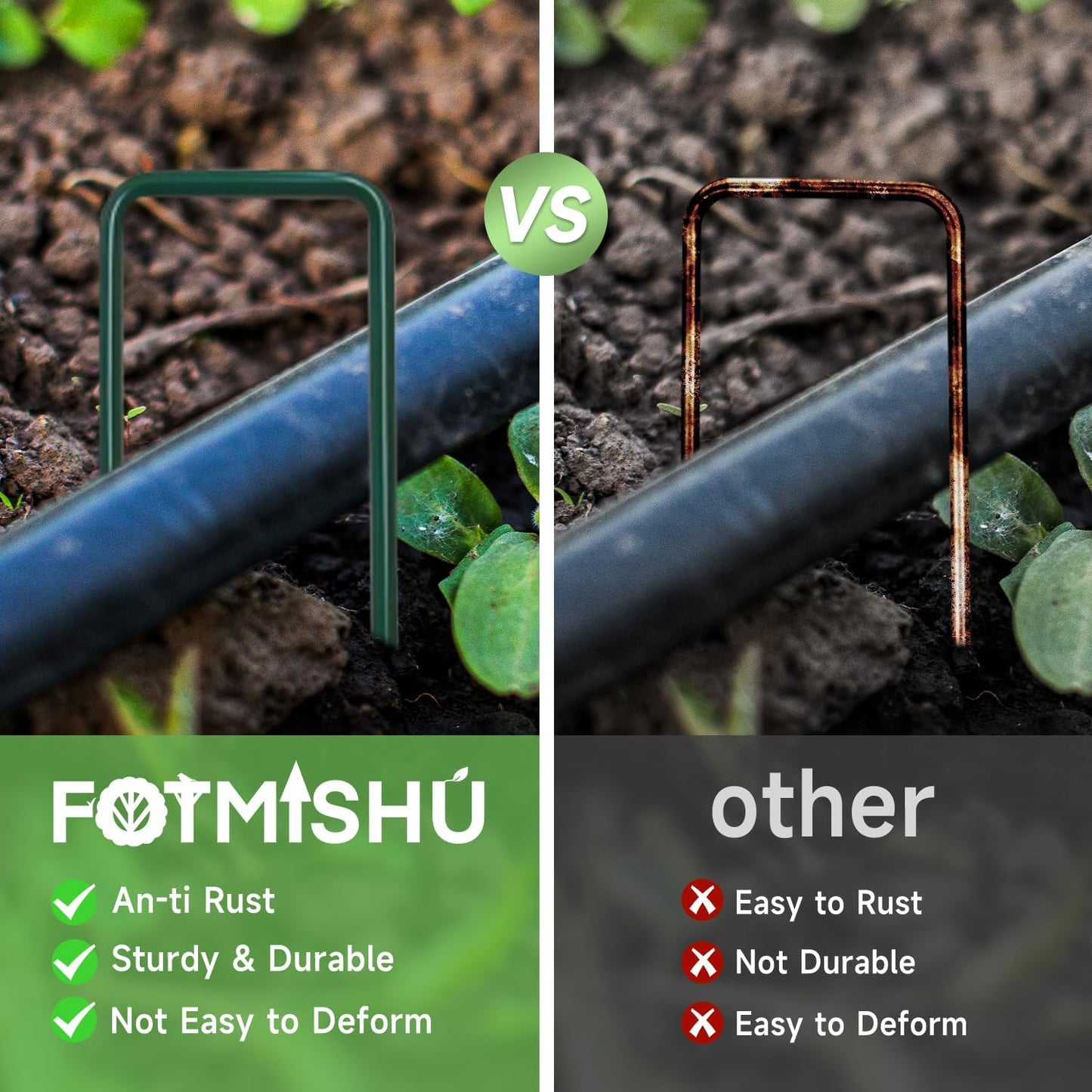 FOTMISHU Landscape Staples 6Inch 100pcs Garden Stakes + 100pcs Gasket, Lawn Pins with Spray Coating Craft,11Gauge Anti-Rust Ground Yard Spikes Anchoring for Outdoor Tents Irrigation Hoses (Green)