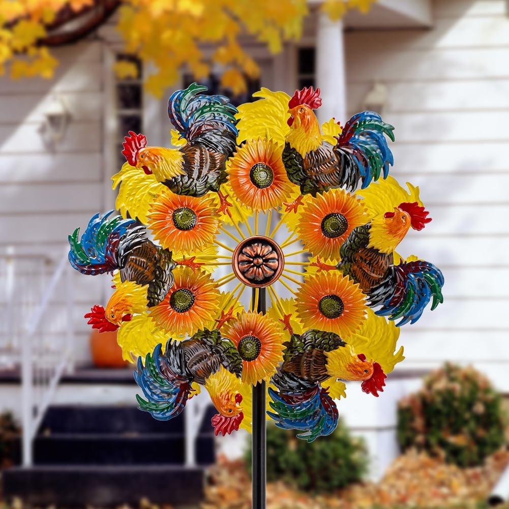 DREAMYSOUL Metal Sunflower and Rooster Fall Wind Spinners, Fall Decorations Outdoor, Kinetic Wind Spinners for Farmhouse Garden Lawn Yard Decor, Harvest Thanksgiving Gifts