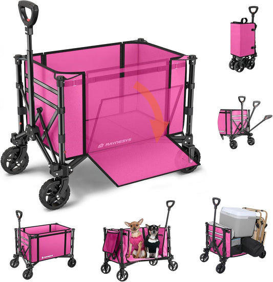 3 in 1 Collapsible Wagon Converts to Bench, 220lbs Foldable Wagon Cart with Wheels, 120L Shopping