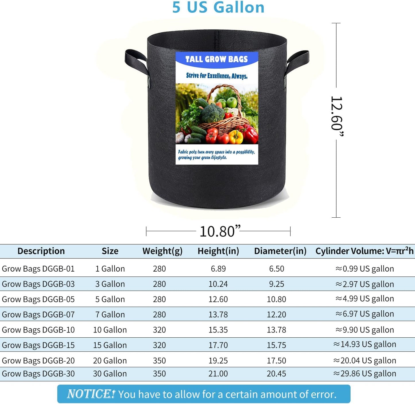 5 US Gallon 8 Pack Tall Grow Bags for Vegetables, Heavy Duty Nonwoven Aeration Fabric Deep Grow Pots with Handles