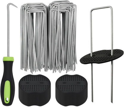 BDS-HOME 100sets Heavy Duty Garden Landscape Staples and Fixing Gasket with 1pc Pick Hook, 11 Gauge U Shaped Lawn Staples for Irrigation Hoses, Yard Weed Barrier, Fences and Tents, Decorations Fixed