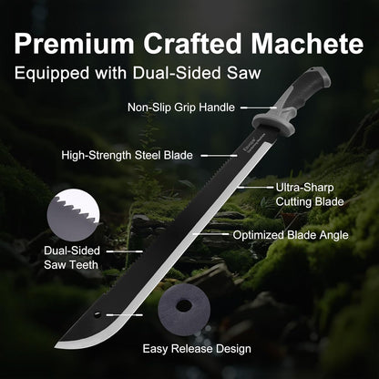 Machete for Bushcraft, 24 inch Survival Knife with Saw for Yard Work, Gardening Heavy Duty Machete with No-Slip Handle and Sheath for Hunting, Outdoor Tree Cutting Esvopa