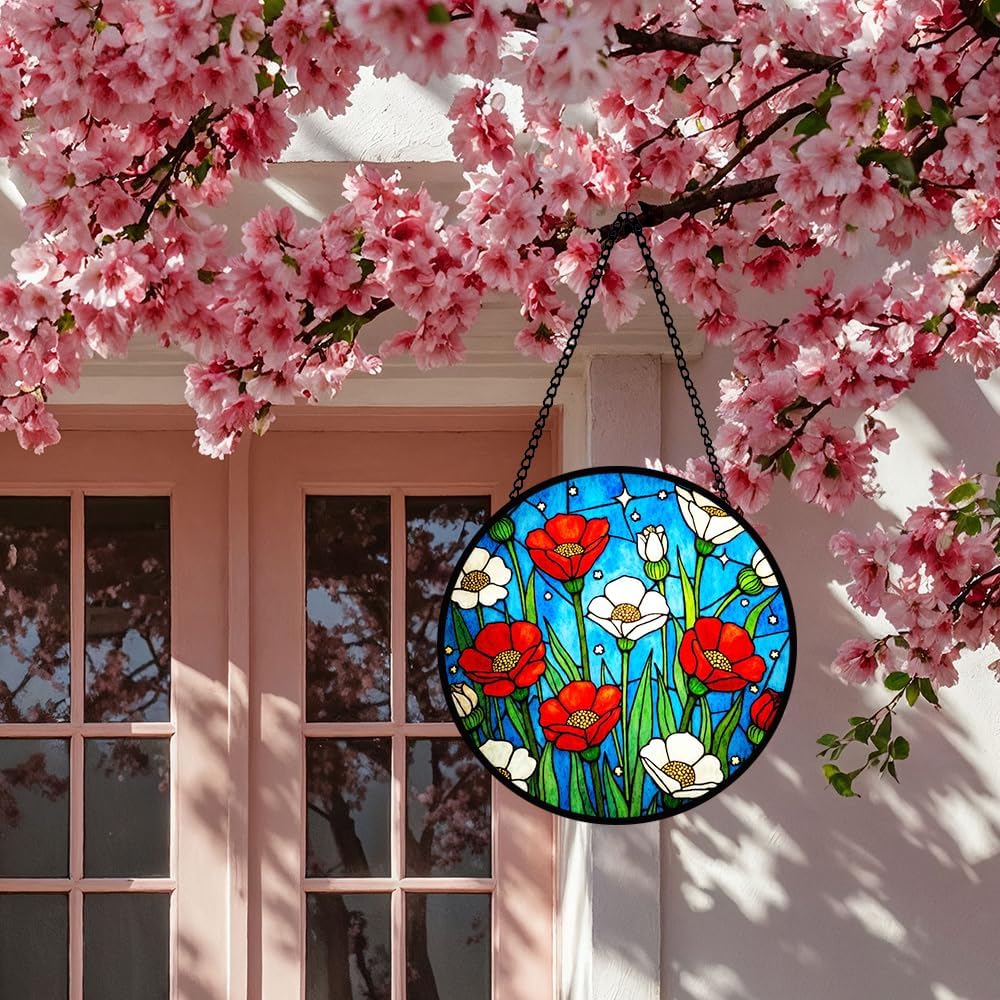 Red Flower Stained Glass Window Hanging, Bloom Suncatcher Panel for Indoor Outdoor Window Decoration, Glass Hanging Ornament for Garden Wall, Floral Ornament Gifts for Wedding, Birthday, Housewarming