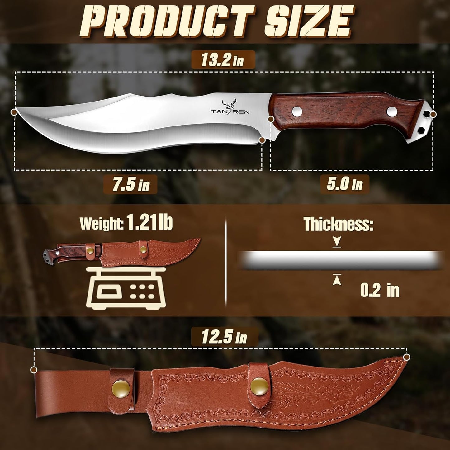 TAN REN Machete for Cutting Trees Heavy Duty, Survival Machete with Sheath for Yard Work, Full Tang Fixed Blade Knife with Wood Handle, Camping Machetes Heavy Duty, Clearing Brush and Gardening