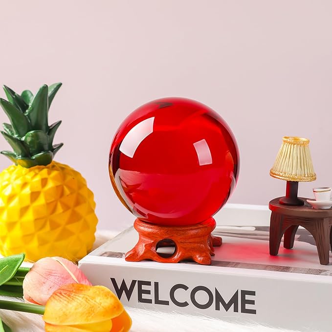 Red Crystal Ball 100mm/3.9 inch with Rose Wooden Stand and Gift Box for lensball Photography,Fortune Teller,Feng Shui, Witchcraft Decor,Scrying,Magic,Quartz Crystal Orb Prop Decorative Glass Sphere