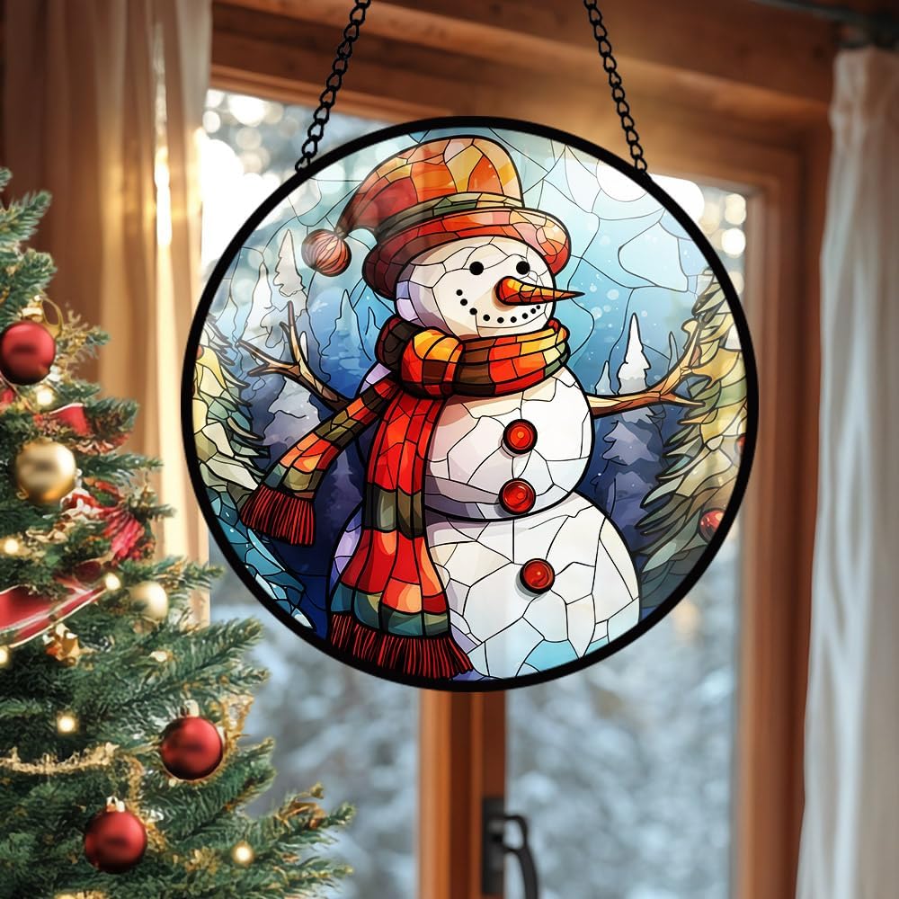 Snowman Stained Glass Window Hanging, Snowman Suncatcher Panel for Indoor Outdoor, Xmas Glass Hanging Ornament for Wall, Balcony, Porch Décor, Christmas Party Decoration Gifts for Boys Girls, Family