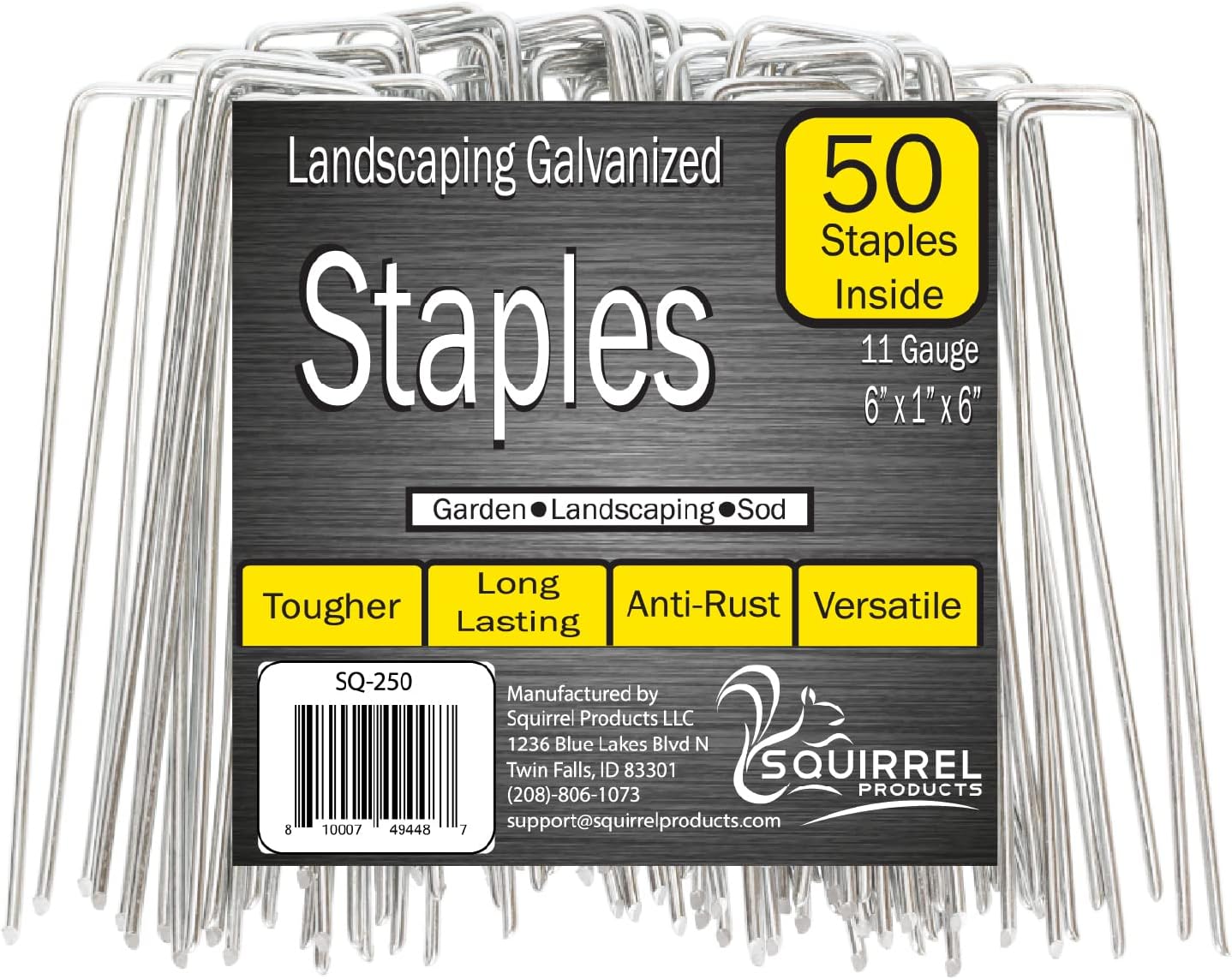 Squirrel Products Galvanized Steel Redrawn Garden Stakes, 6 Inch Lawn Staples, 11 Gauge Stakes, 2.9mm 15x2.5x15cm – 50 Pack