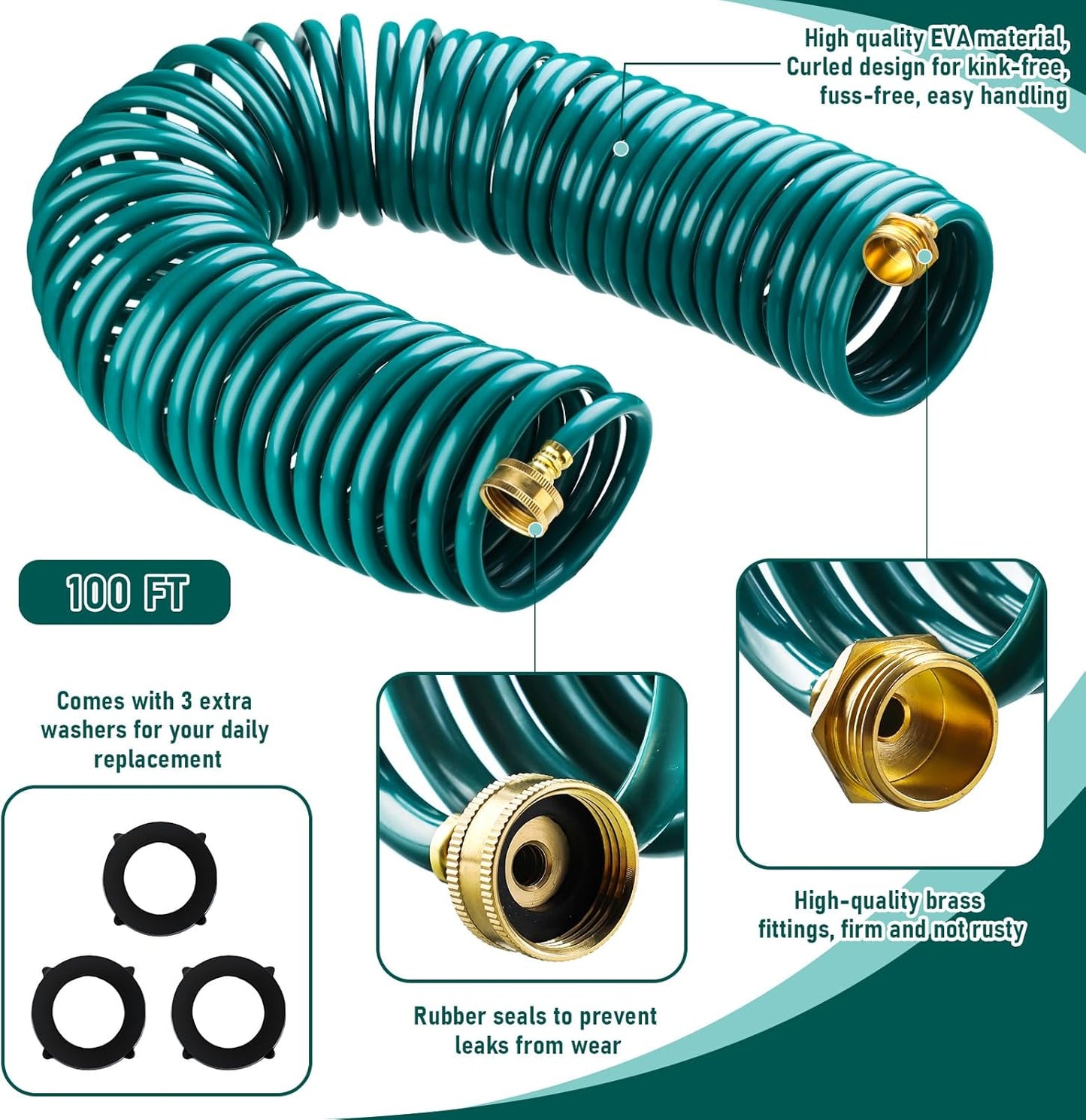 Pangda 100 Ft x 3/8'' Coil Garden Hose EVA Recoil Garden Self Coiling Expanding Water Hose with 6 Function Spray Nozzle Universal 3/4'' Brass Connector Fitting for Outdoor Yard(Green)