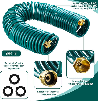 Pangda 100 Ft x 3/8'' Coil Garden Hose EVA Recoil Garden Self Coiling Expanding Water Hose with 6 Function Spray Nozzle Universal 3/4'' Brass Connector Fitting for Outdoor Yard(Green)