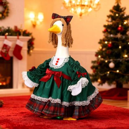 Soulchen 1 Set Christmas Green Porch Goose Outfit 23 Inch Winter Plaid Cement Goose Clothes Dress and Headdress Costume Set for Xmas Holiday Lawn Garden Yard Decor