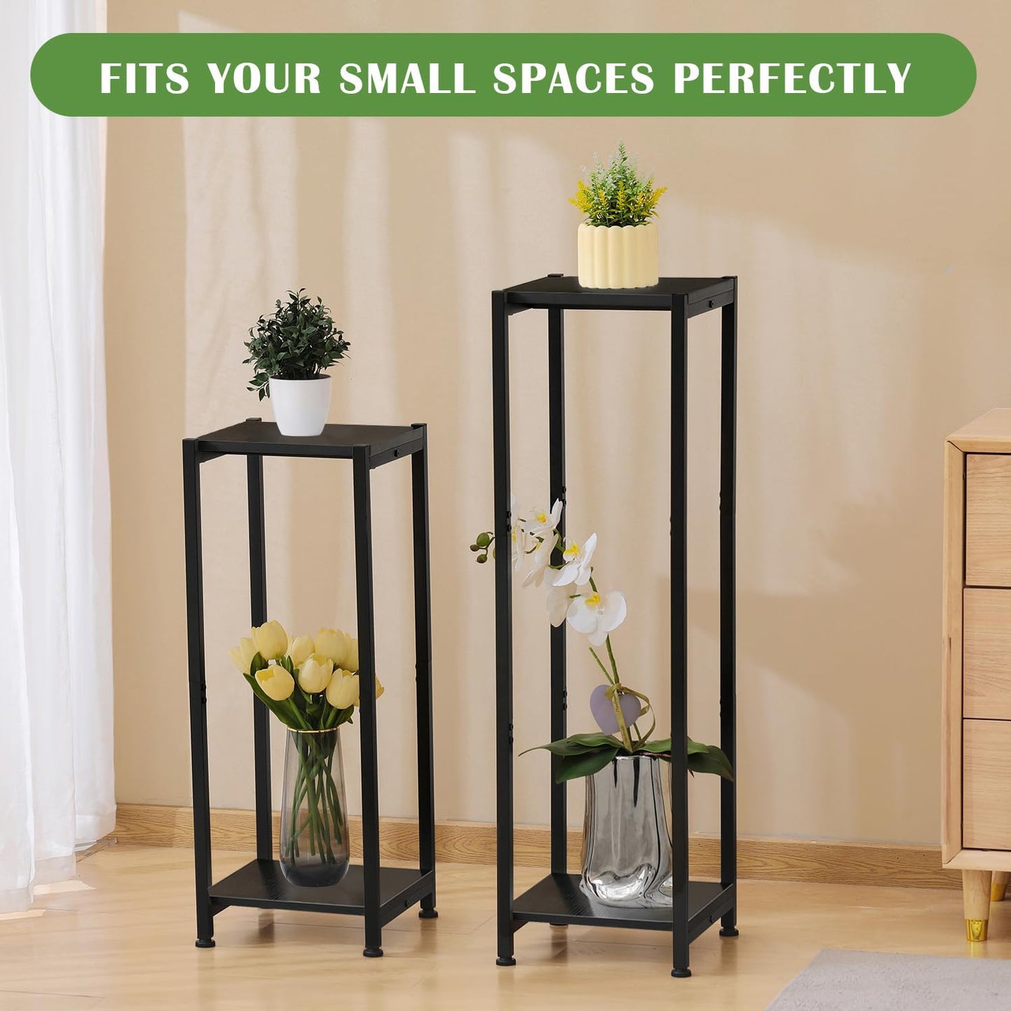 Extra Tall Plant Stand Indoor,40 Inch Plant Stands,2 Tier Metal Plant Stand with Heavy Duty Wood,Black