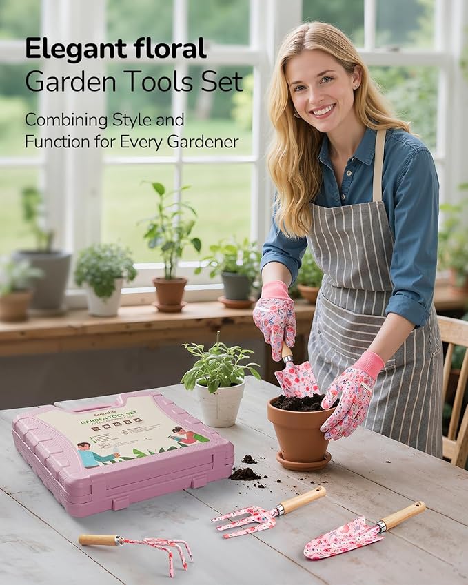 12-Piece Womens Gardening Tools Gift Set, Rust-Proof & Heavy-Duty Garden Tools with Durable Carrying Case, Fashionable & Thoughtful Gardening Gifts for Women&Men (Pink)