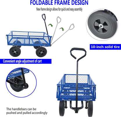 Heavy-Duty Solid Tire Garden Dump Cart - 4.86 cu. ft. Yard Wagon Cart with 600 LBS Capacity & Spacious Mesh Bed (37" x 19.5") - No-Flat Tires, Utility Wagon
