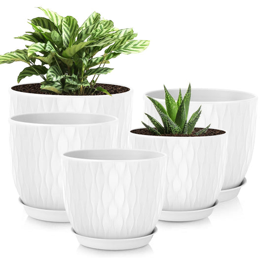 LESOASIS Plastic Plant Pots 10/9/8/7.5/7 inch Set of 5, Flower Planters with Drainage Holes and