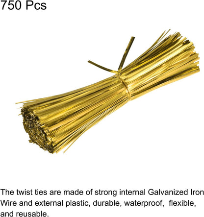 MECCANIXITY Foil Twist Ties 7" 18cm Metallic Plastic Closure Tie for Tying Bread, Candy, Cookies, Gift Bags Arts Crafts Ties Gold Tone Pack of 750