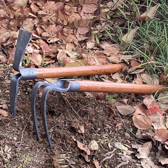 2PCS 19.6 Inches Garden Pick, 2 Prong Hand Hoe Tool Set Garden Tool with Wooden Handle, Transplanting Digging Planting Loose Soil Camping or Prospecting