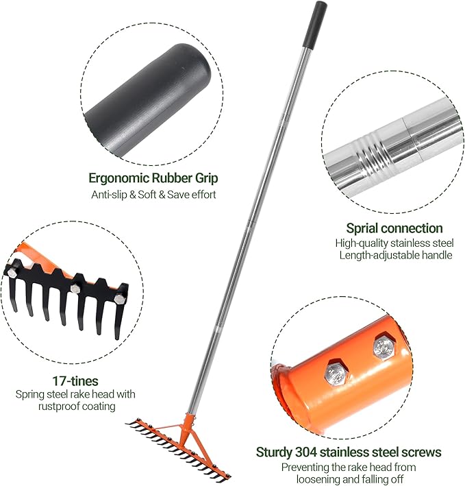 Garden Rake 17 Tempered Spring Steel Tines Heavy Duty Rake for Lawns Bow Rakes Metal Rakes with 62 Inch Stainless Steel Adjustable Long Handle for Loosening Soil Yard Work
