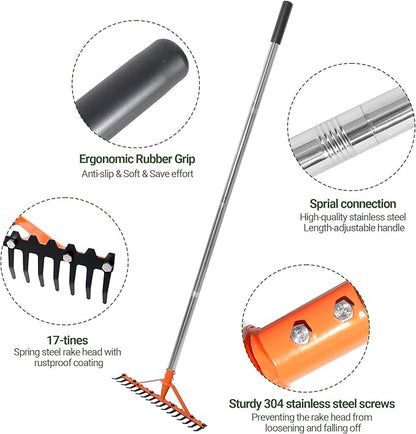 Garden Rake 17 Tempered Spring Steel Tines Heavy Duty Rake for Lawns Bow Rakes Metal Rakes with 62 Inch Stainless Steel Adjustable Long Handle for Loosening Soil Yard Work