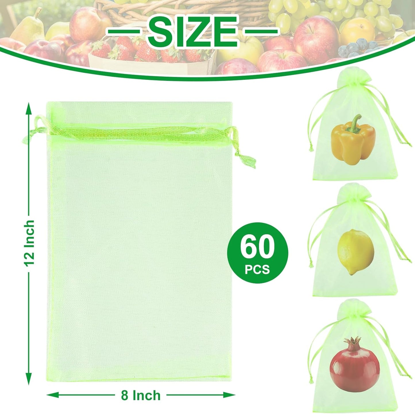 CHRORINE 60Pcs Fruit Protection Bags 8×12 Inch, Fruit Netting Mesh Bags for Fruit Trees, Reusable Garden Netting Bags with Drawstring, Light Green